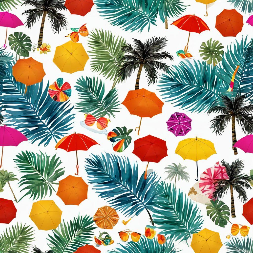 A sun-soaked beach scene showcasing diverse individuals wearing trendy swimwear, each embodying unique styles. Incorporate colorful beach umbrellas, vibrant towels, and sunglasses, along with accessories like hats and beach bags for an elevated vibe. Include a backdrop of gentle waves and palm trees swaying in the breeze, exuding a lively summer atmosphere. Create a warm, inviting color palette that radiates summer joy. super-realistic. vibrant colors. tropical theme.