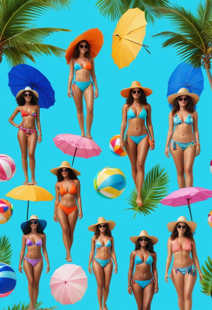 A vibrant beach scene featuring a diverse group of stylish individuals showcasing the latest bikini trends, surrounded by colorful beach umbrellas and tropical palm trees. The sun shines brightly in a clear blue sky, with waves gently lapping at the shore. Include fashionable beach accessories like hats, sunglasses, and towels. Add playful elements like beach balls and surfboards to evoke a lively summer atmosphere. super-realistic. vibrant colors. tropical style.