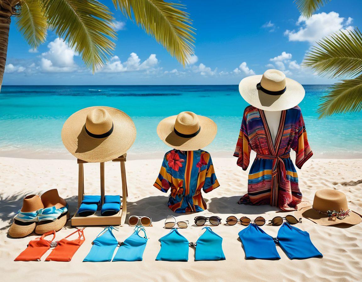 An elegant poolside scene featuring a stylish beach wardrobe display, showcasing colorful swimsuits, trendy cover-ups, and chic accessories like sunglasses and hats. The background includes a beautiful tropical beach with soft sand and clear blue waters, capturing the essence of a perfect paradise. Sunlight glimmers, creating a warm and inviting atmosphere. super-realistic. vibrant colors. tropical vibes.